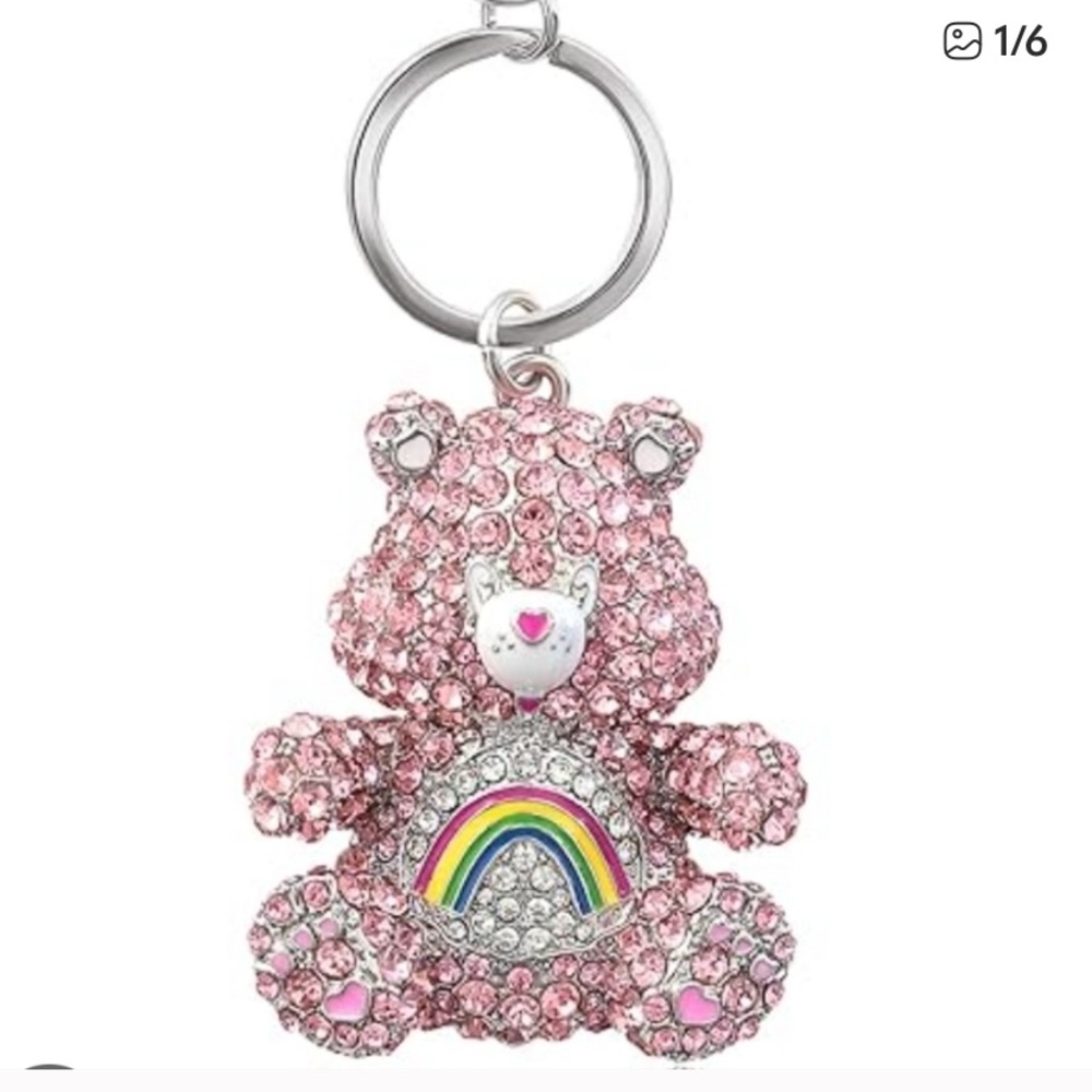 Care Bears Rainbow White and Pink crystal keychain bag charm new in box